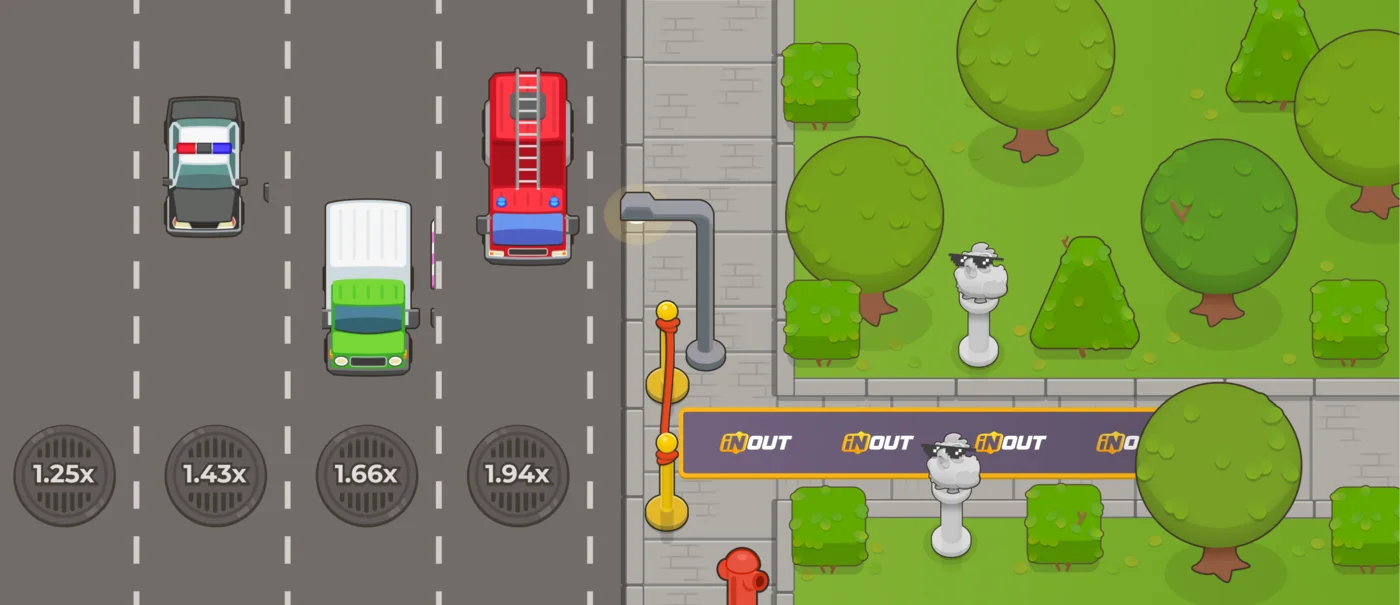 Шоссе в Chicken Road 2: люки с множителями, машины в полосах и финишная зона с красной дорожкой