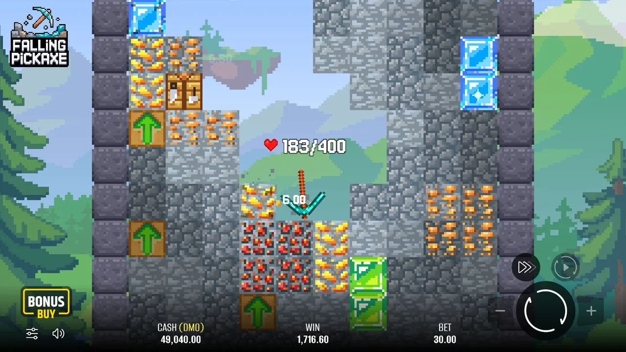 Игровой экран Falling Pickaxe: кирка, блоки руды, счётчик прочности и текущий выигрыш