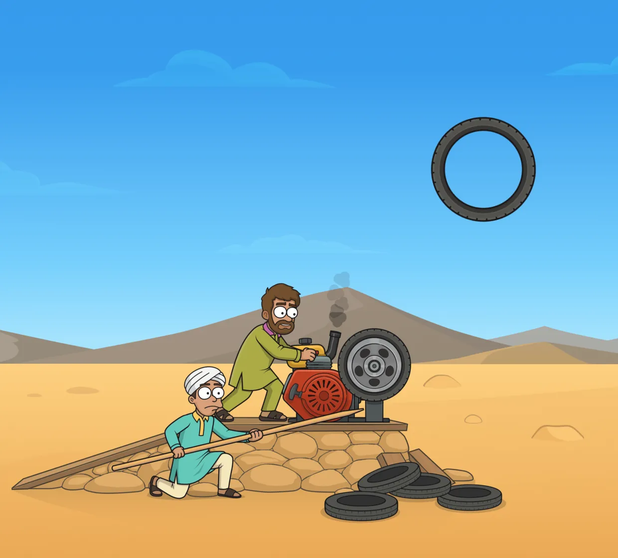Механики разгоняют покрышку на станке, Wheel Out от InOut Games